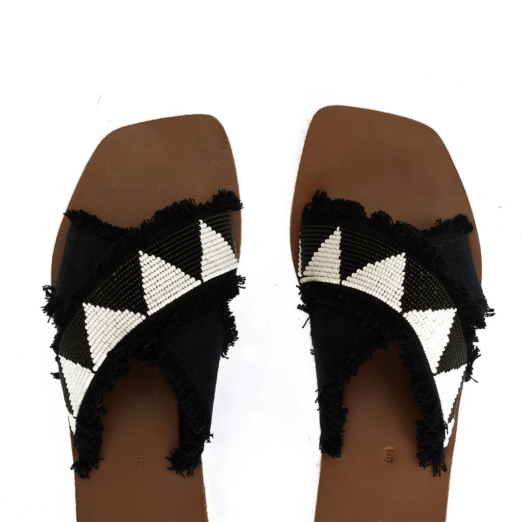 Naks beaded on denim leather sandals