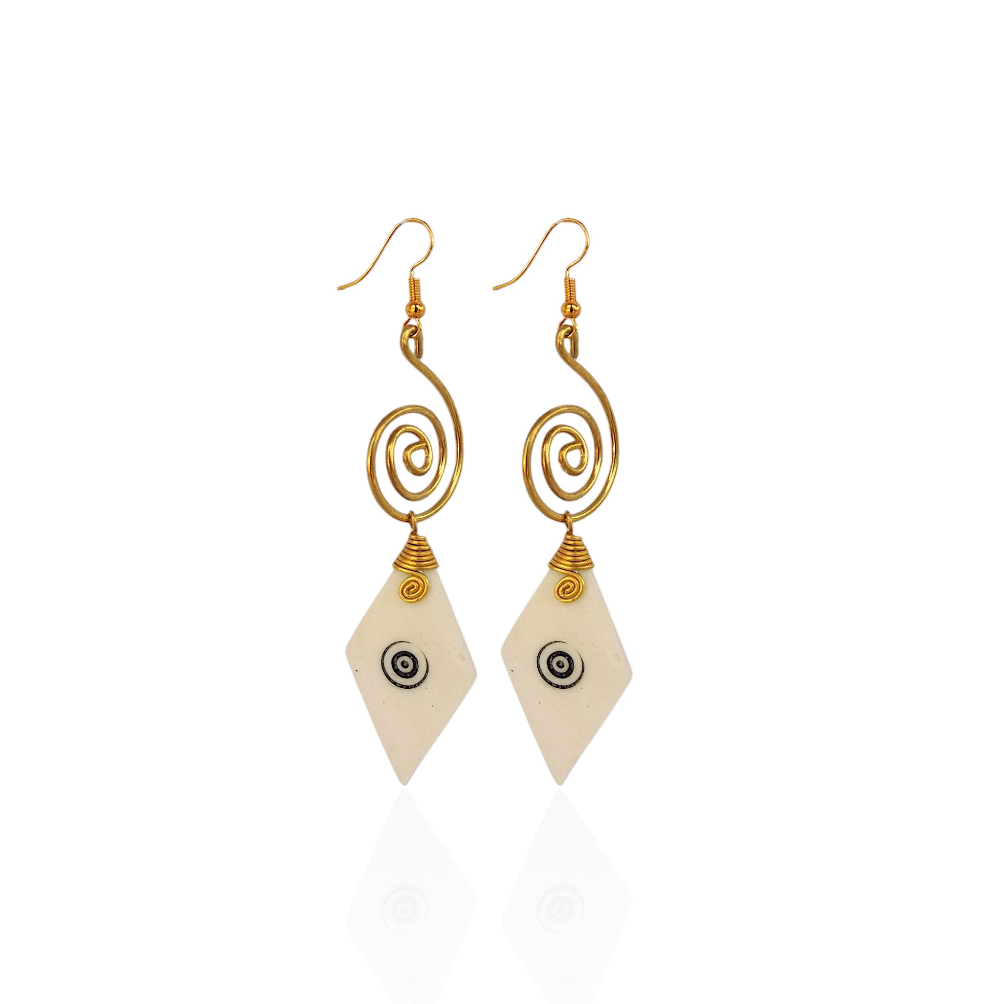 Spiral Brass & Trapezoid Bone Drop Earrings