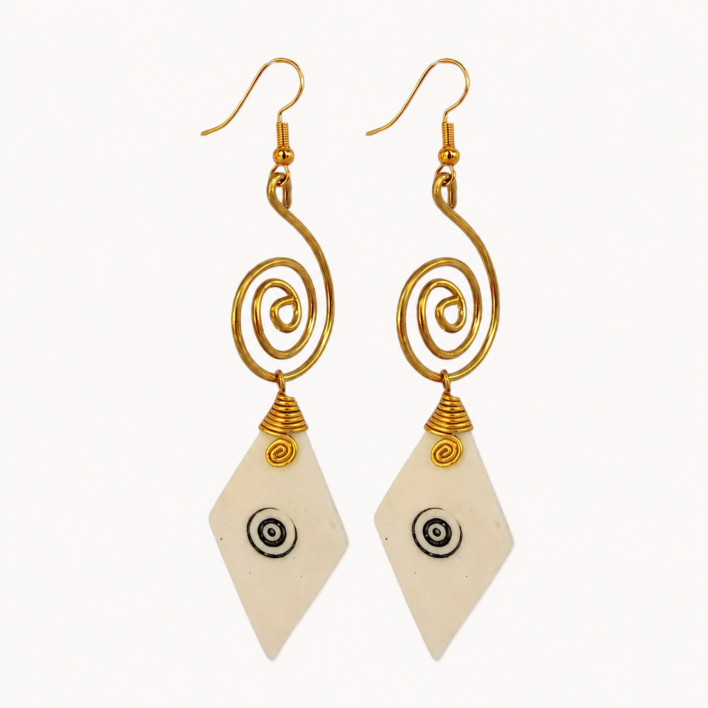 Spiral Brass & Trapezoid Bone Drop Earrings