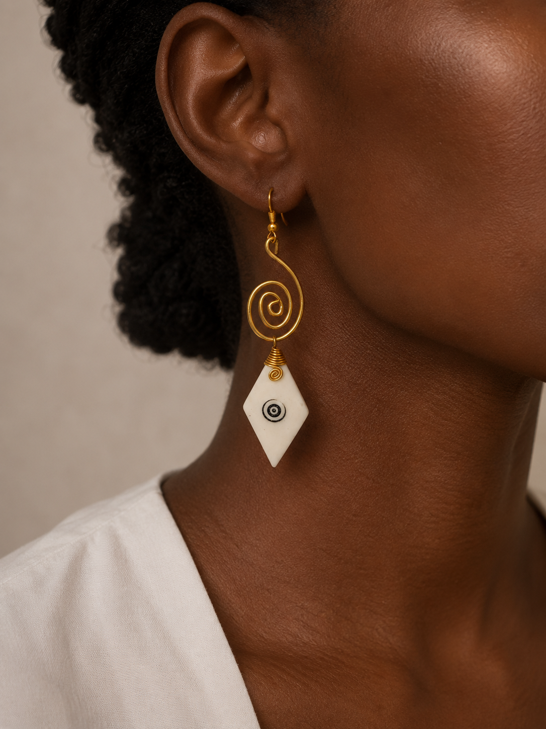 Spiral Brass & Trapezoid Bone Drop Earrings