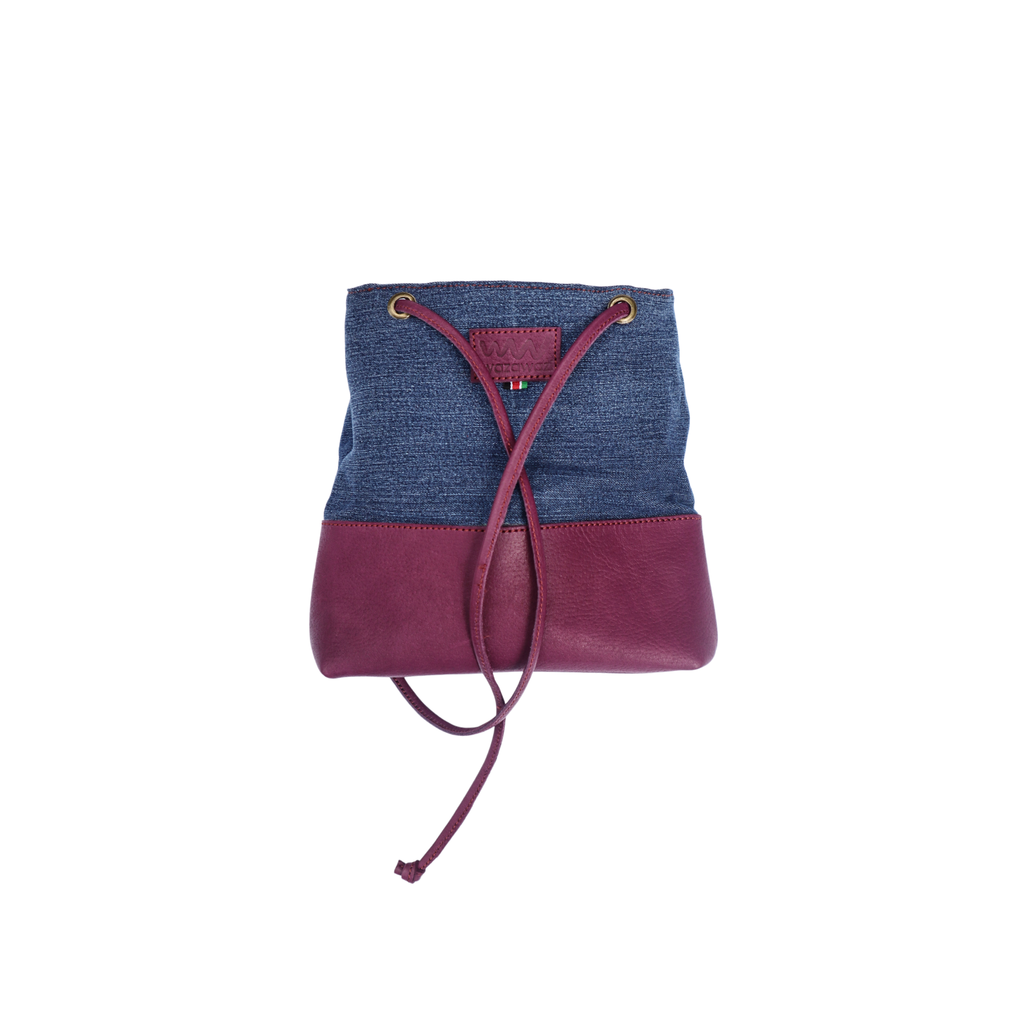 Chebet Mutai One of A Kind Recycled Denim Draw Sting Bag With Burgundy Leather