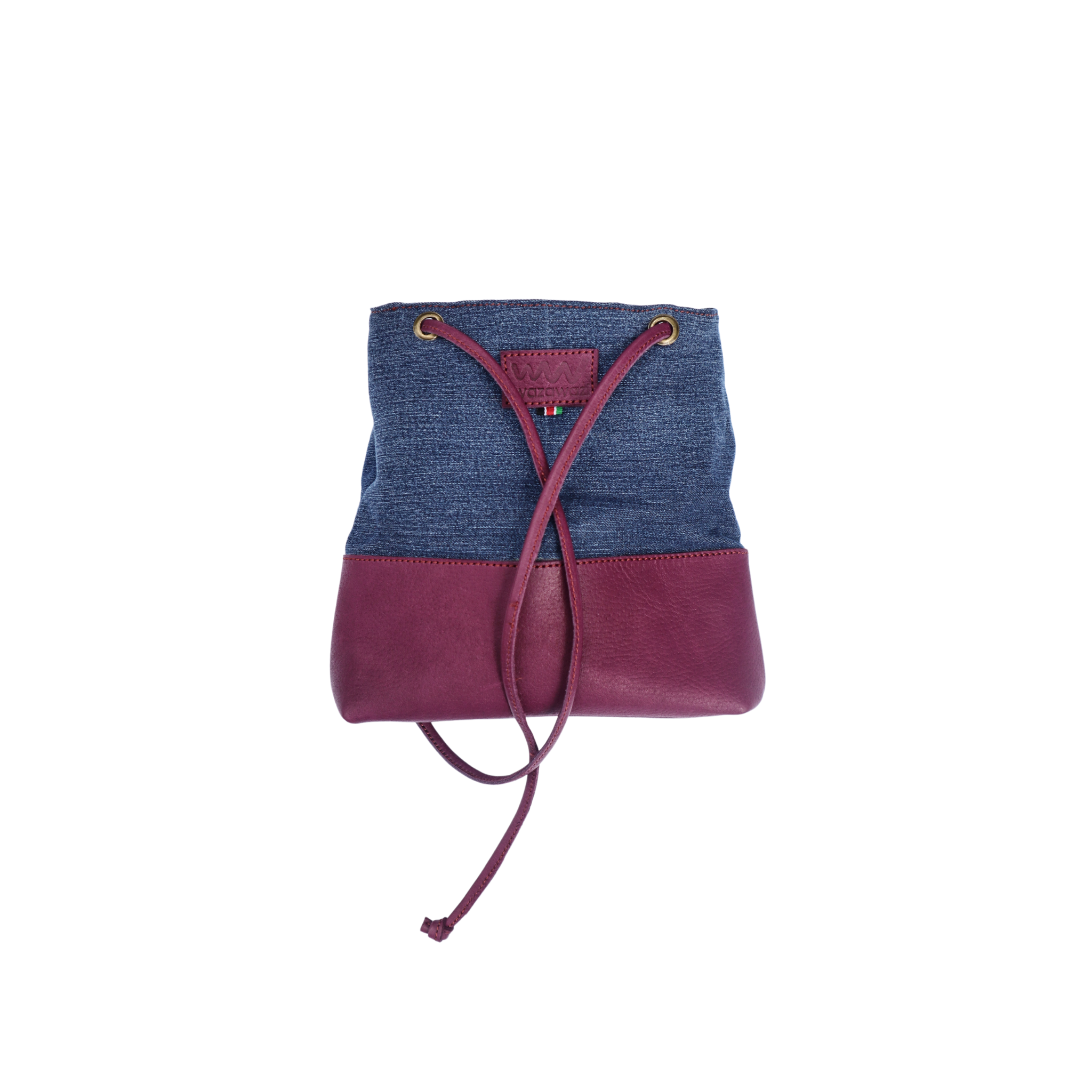 Chebet Mutai One of A Kind Recycled Denim Draw Sting Bag With Burgundy Leather