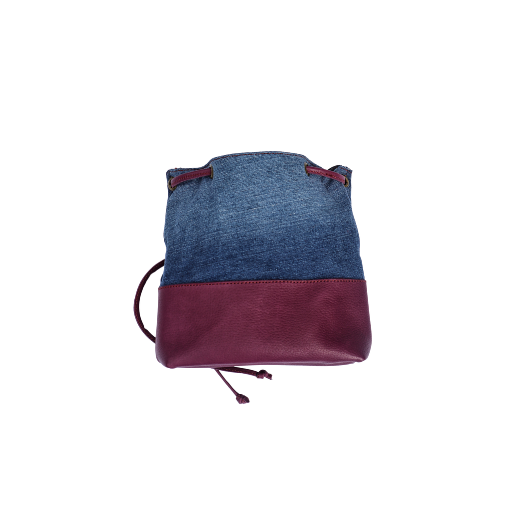 Chebet Mutai One of A Kind Recycled Denim Draw Sting Bag With Burgundy Leather